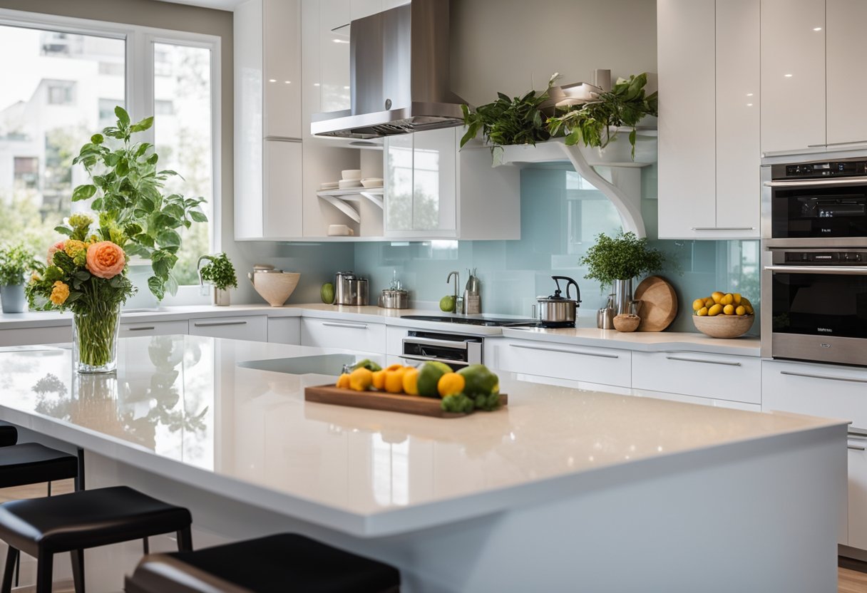 A sleek, modern kitchen with glossy countertops and stainless steel appliances. The room is filled with natural light, and there are pops of color from fresh fruits and vibrant flowers on the counter