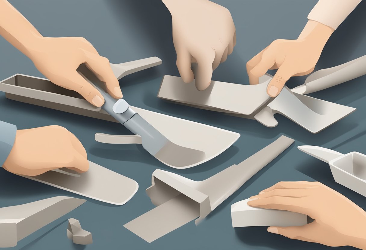 A hand reaches for a selection of plastering trowels, examining the different sizes and shapes before choosing the right one for the project