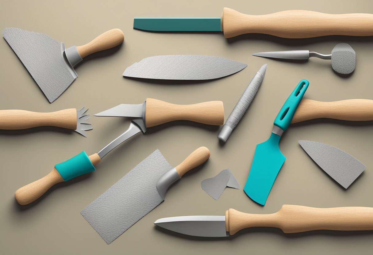 A hand holding different types of plastering trowels, with various textures and shapes, laid out on a table