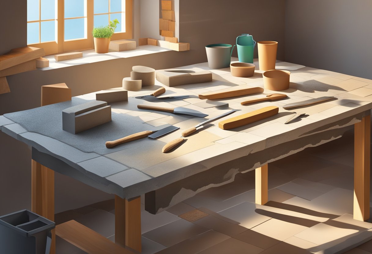 A table with various surfaces (brick, concrete, wood) and a selection of plastering trowels. Light shines on the tools, highlighting their different shapes and sizes