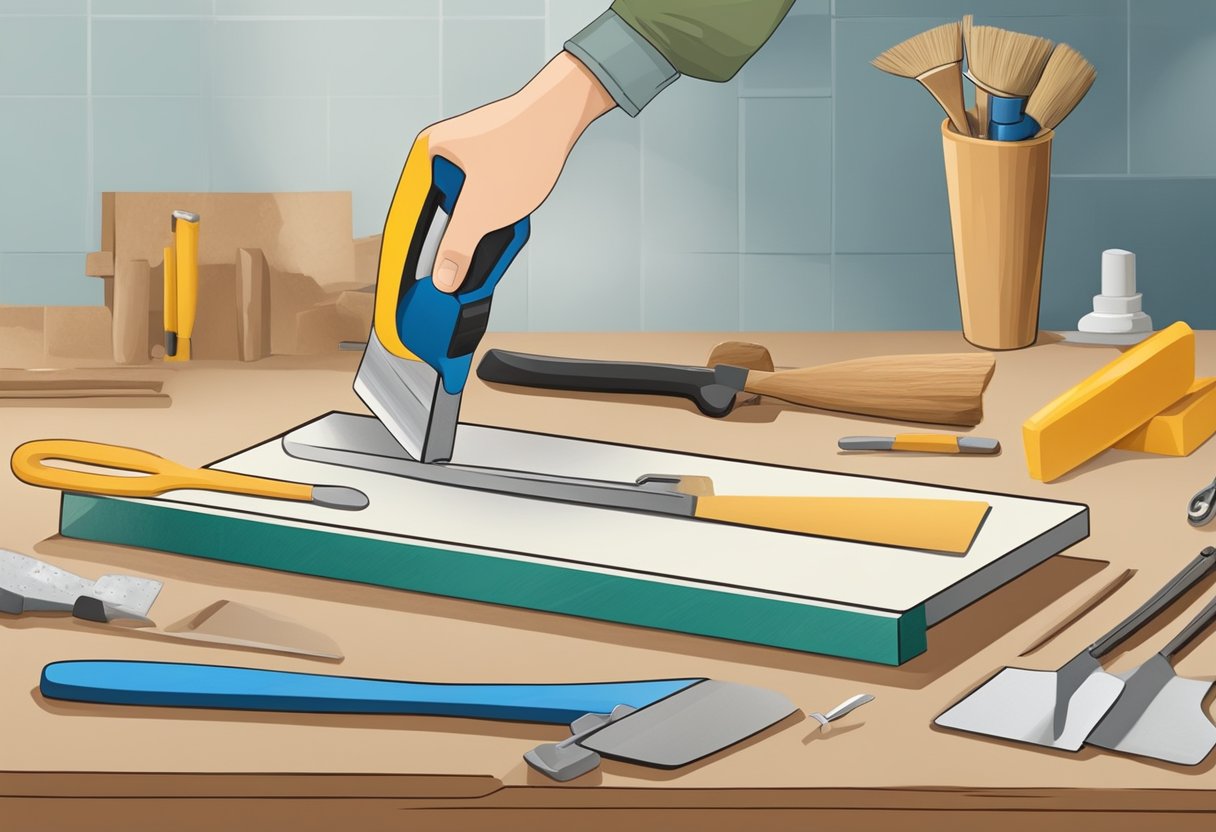 A plastering trowel rests on a workbench, surrounded by various tools and materials. A hand reaches for the trowel, indicating the process of choosing the right tool for a plastering project
