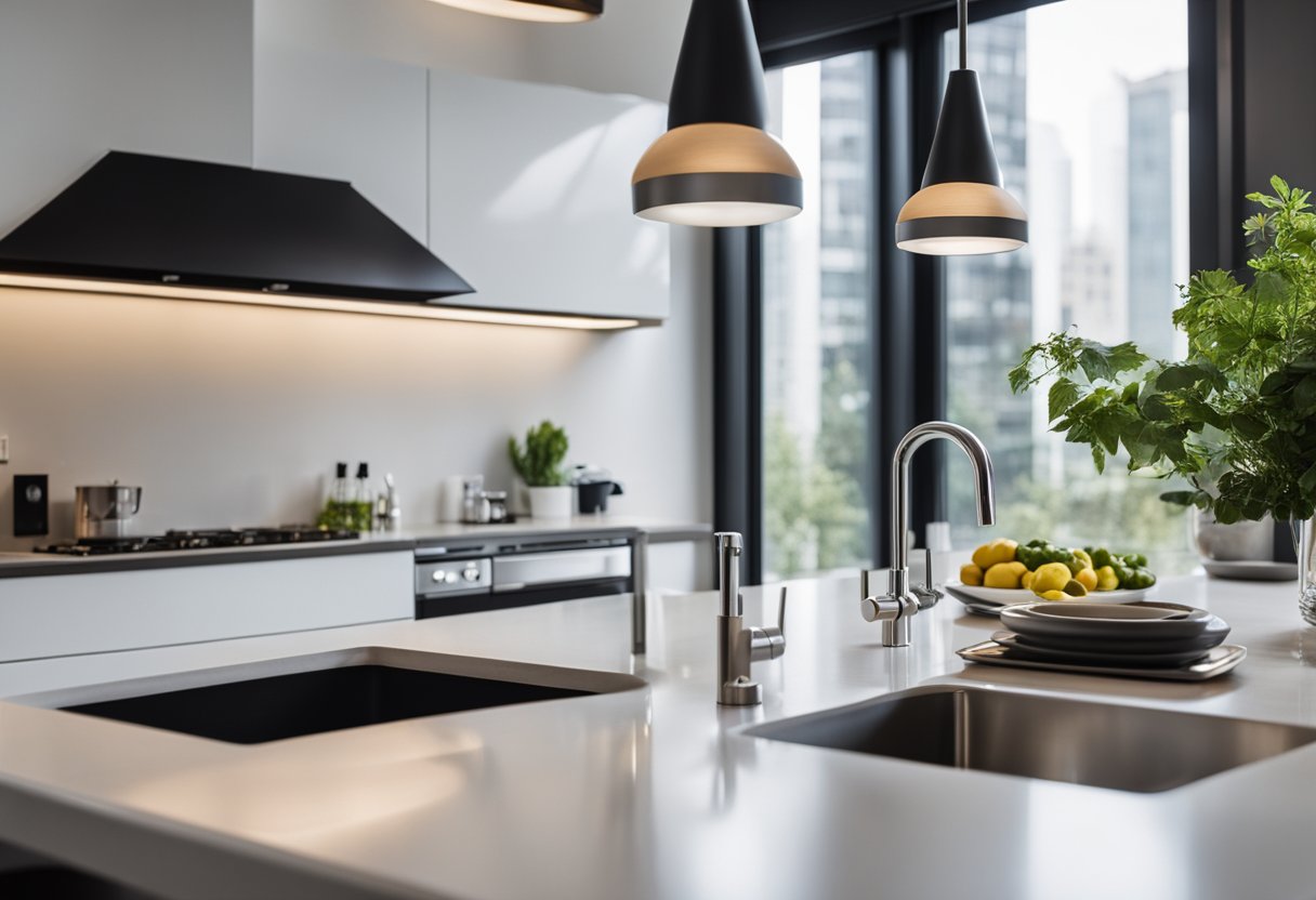 A spacious wet kitchen with sleek, modern appliances and ample counter space. A large sink sits beneath a window, allowing natural light to flood the room