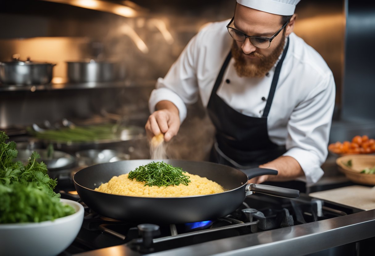 A chef pours batter from a mixing bowl into a sizzling frying pan, while fresh herbs and spices sit on the nearby countertop