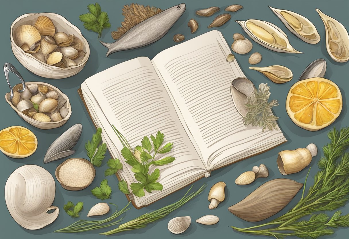 A table set with assorted molluscs, herbs, and cooking utensils. A recipe book open to a page with instructions for preparing molluscs