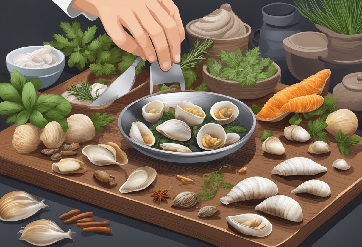 A chef selects and cleans fresh molluscs, arranging them on a cutting board with various herbs and spices