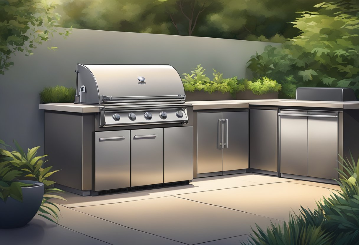 A patio with a sleek, stainless steel outdoor refrigerator nestled between a cozy seating area and a built-in grill, surrounded by lush greenery and soft ambient lighting