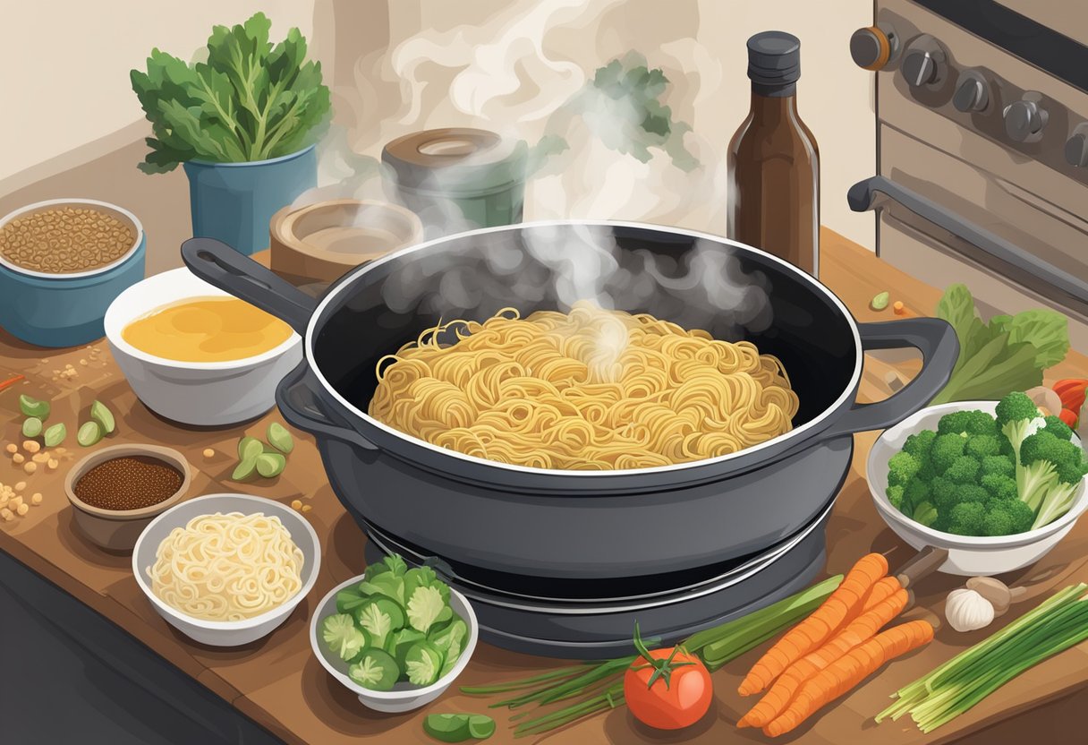 A steaming pot of noodles sits on a stove, surrounded by colorful ingredients like vegetables, spices, and a bottle of soy sauce