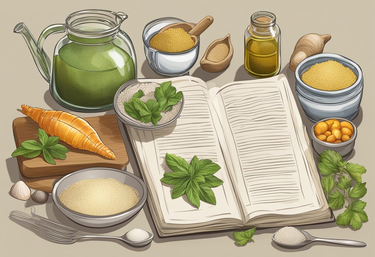 A table with ingredients and cooking utensils for a mollusc recipe, with a recipe book open to the page of "Frequently Asked Questions Mollusc recipe"