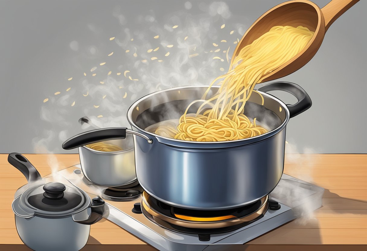 A pot of boiling water with noodles being dropped in, a wooden spoon stirring, and a steaming pot on a stovetop
