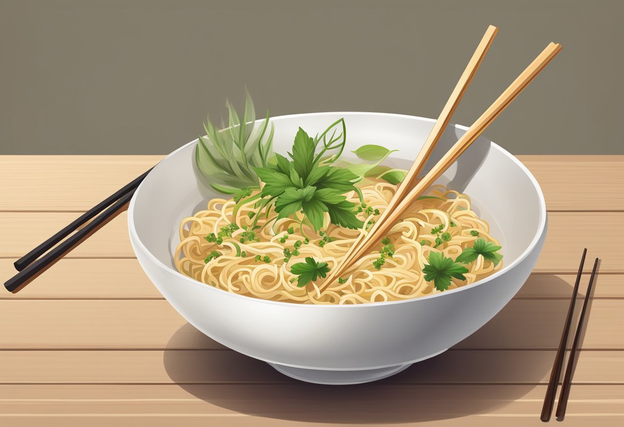 A steaming bowl of noodles sits on a wooden table, garnished with fresh herbs and a sprinkle of sesame seeds. A pair of chopsticks rests on the side