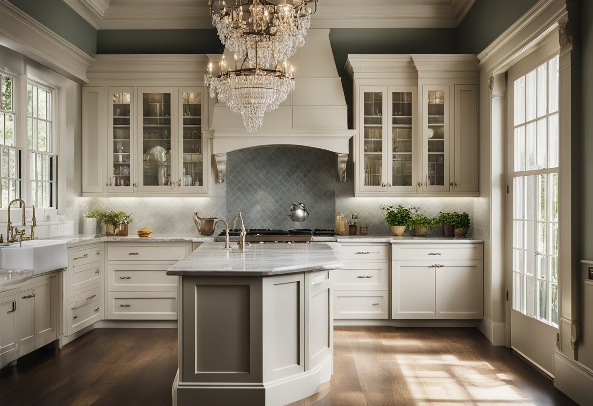A modern Victorian kitchen with ornate cabinetry, marble countertops, and a large farmhouse sink. The room is filled with natural light from large windows, and a vintage chandelier hangs from the ceiling