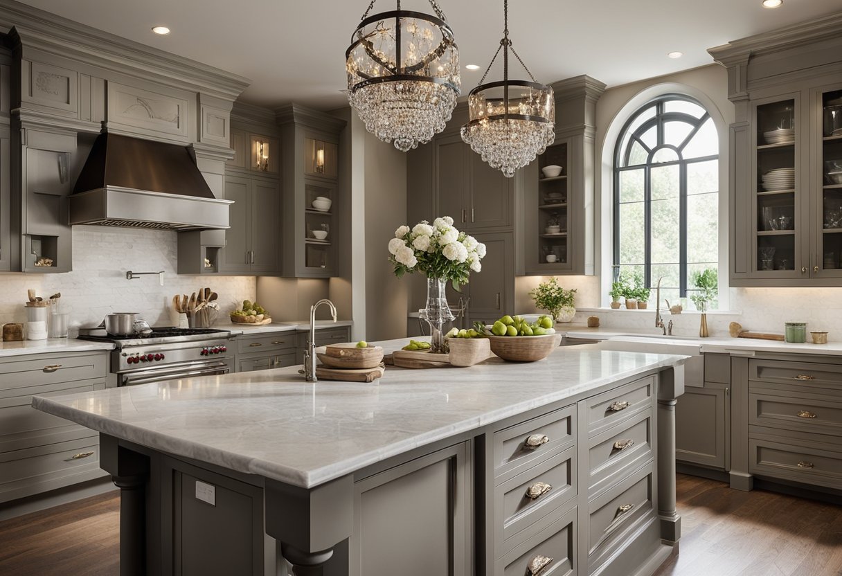 A spacious, well-lit kitchen with a mix of modern and Victorian elements. Ornate cabinetry, marble countertops, and vintage-inspired fixtures