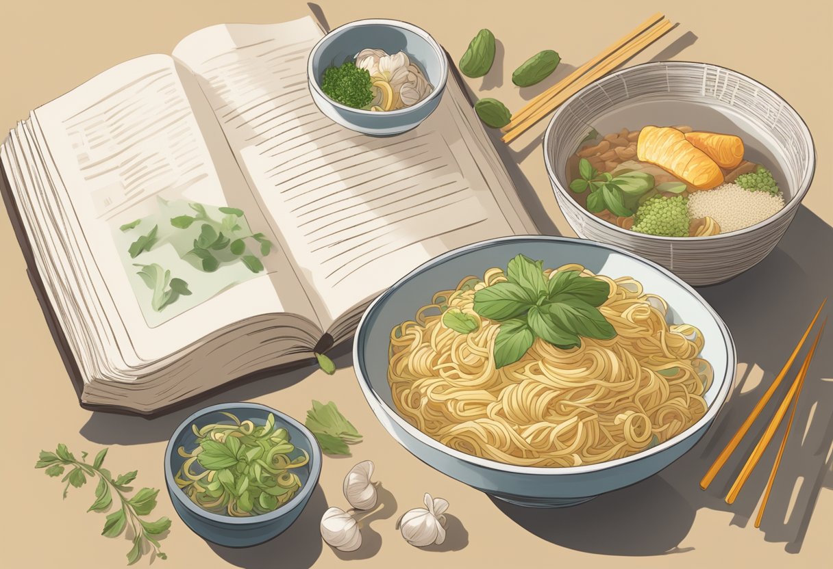 A steaming bowl of noodles surrounded by various ingredients and a recipe book open to the "Frequently Asked Questions Noodles" page