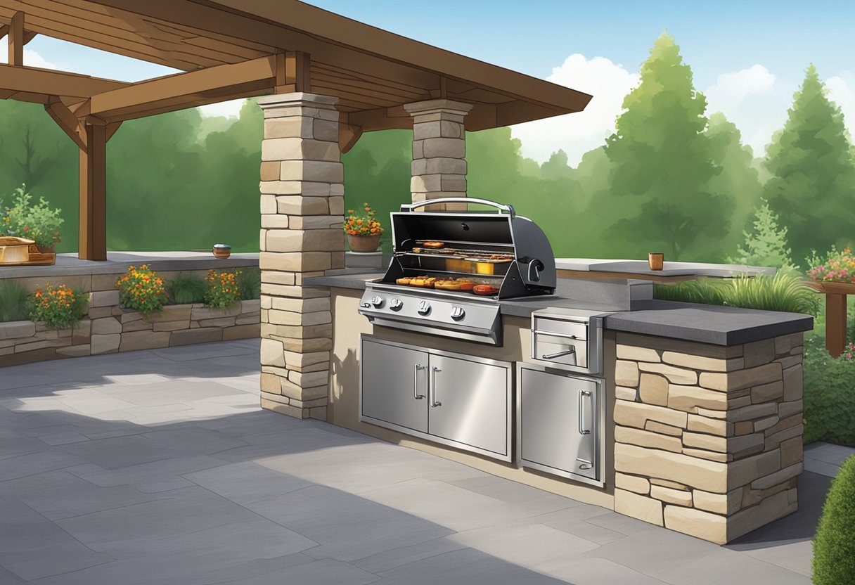 A built-in outdoor kitchen grill sits seamlessly in a stone countertop, while a portable grill stands on a patio. Built-in offers a sleek, permanent option, while portable provides flexibility and easy storage