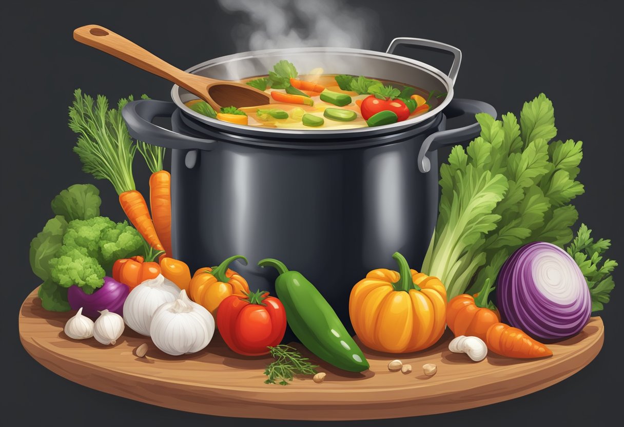 A pot simmering on a stove, filled with colorful vegetables, herbs, and broth. A wooden spoon rests on the edge, steam rising