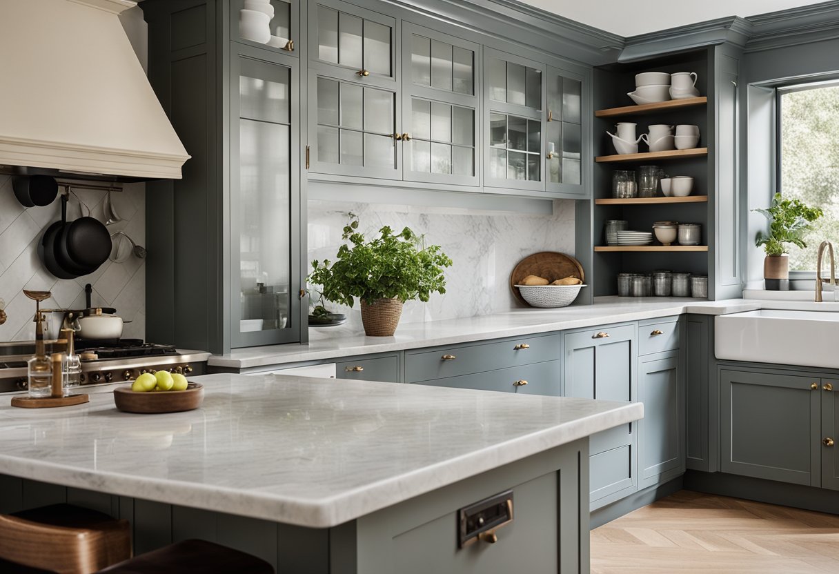 A modern Victorian kitchen with functional layouts and storage solutions. Classic cabinetry, marble countertops, and vintage-inspired appliances create a timeless yet functional space