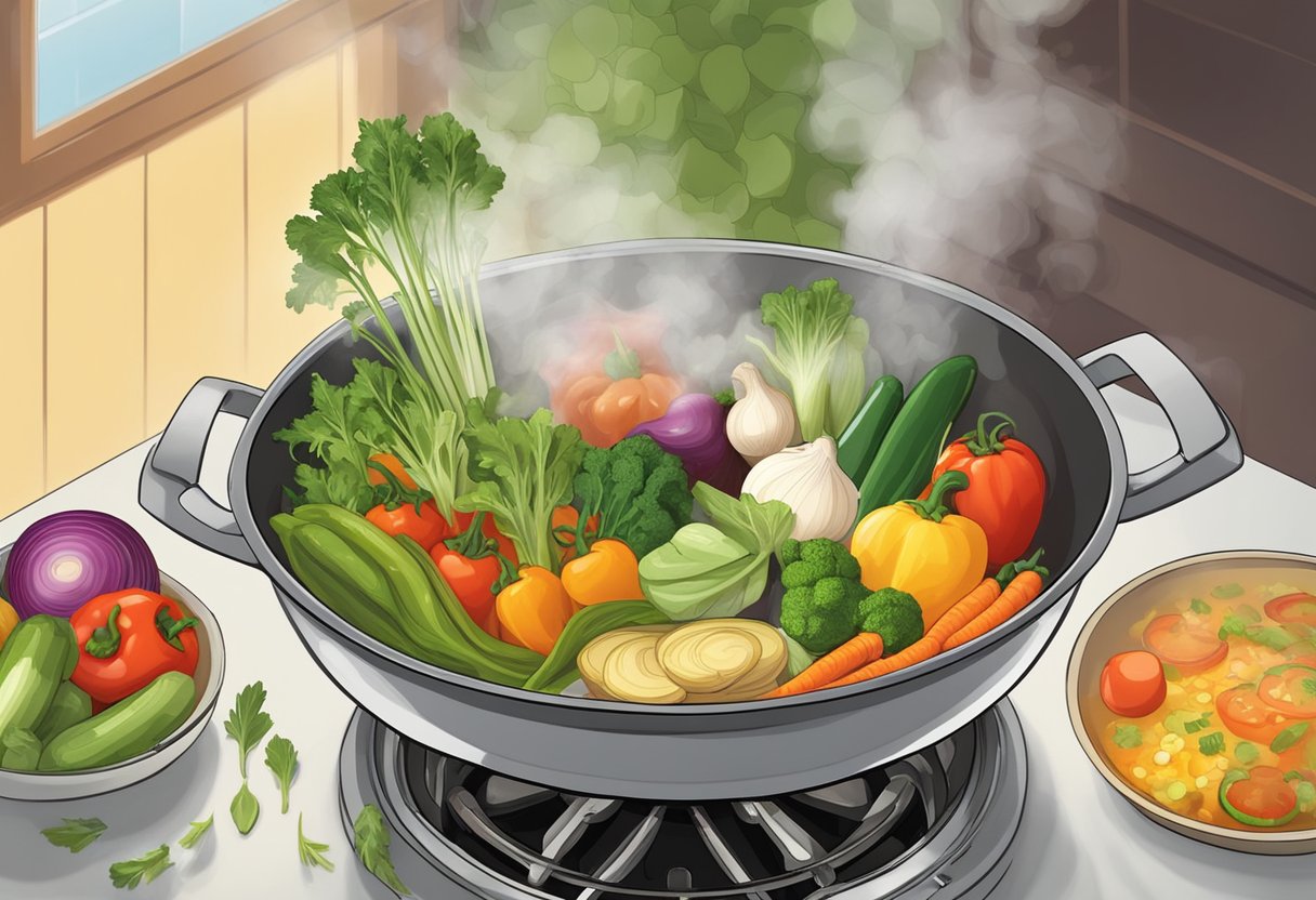 A pot simmers on a stove, filled with a variety of fresh vegetables, herbs, and broth. Steam rises from the pot, creating a warm and inviting atmosphere