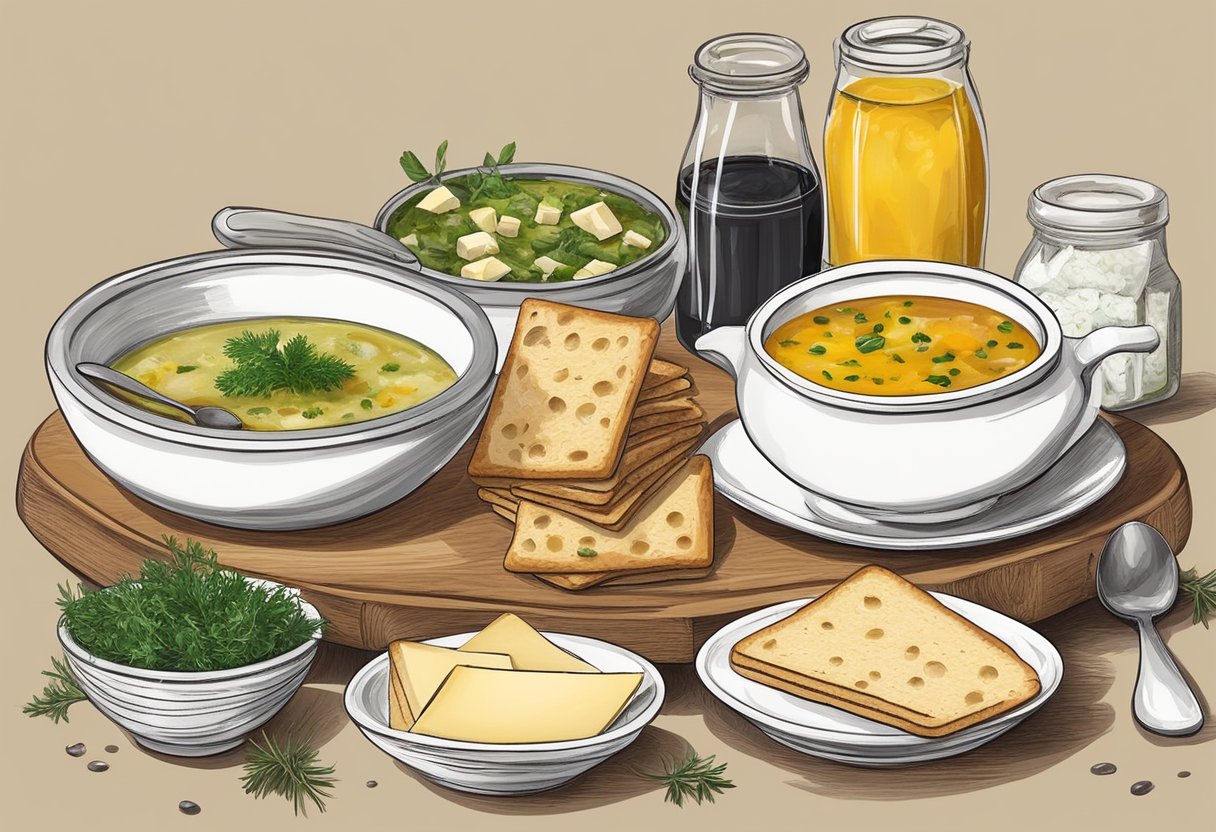 A table set with a variety of soup accompaniments and enhancements: crusty bread, crackers, fresh herbs, grated cheese, and a drizzle of olive oil