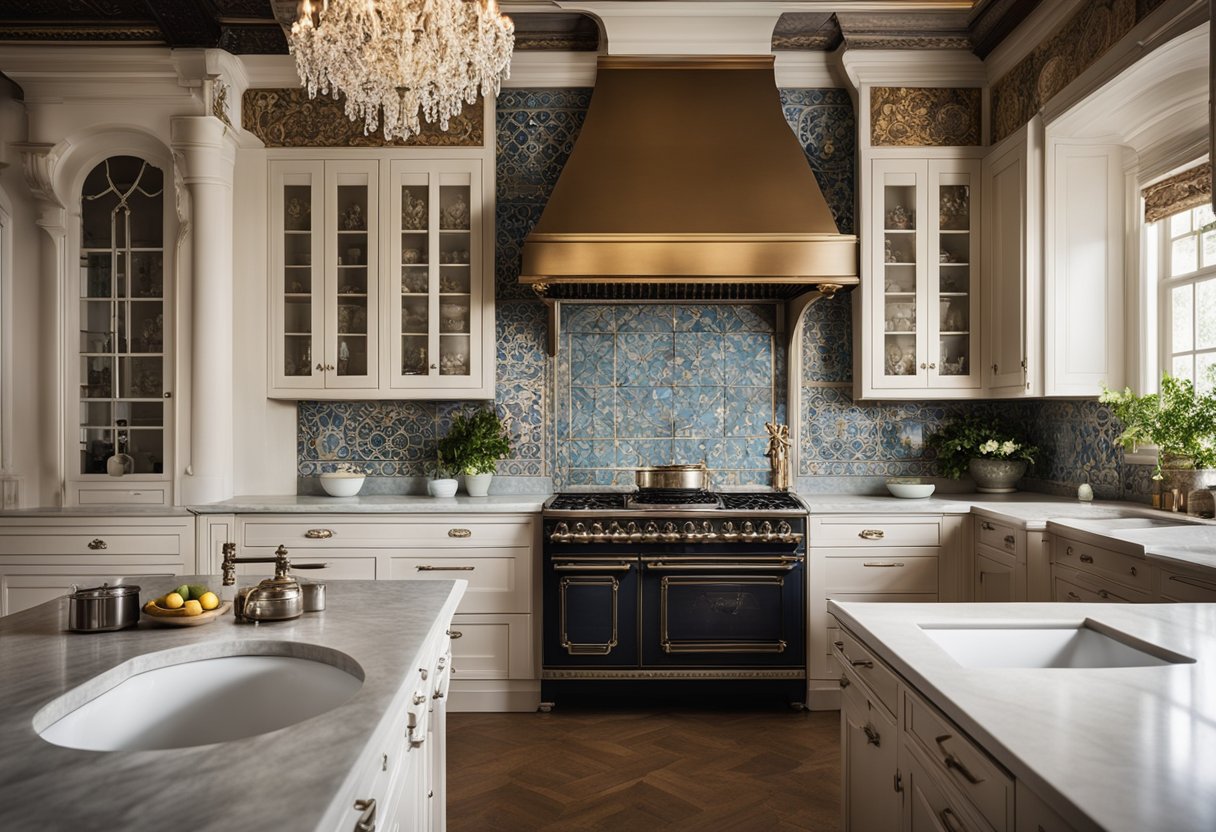A modern Victorian kitchen with ornate cabinetry, marble countertops, and a large farmhouse sink. A vintage stove sits against a backdrop of intricate tile work and a chandelier hangs from the ceiling