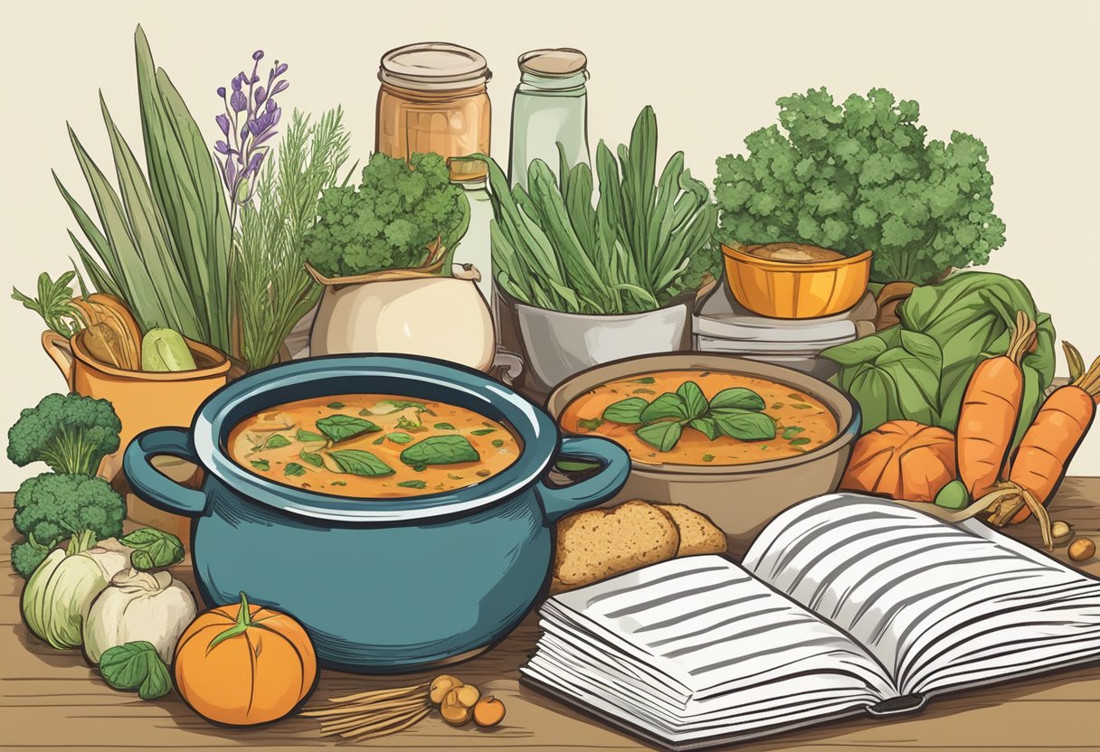 A steaming pot of soup surrounded by various fresh ingredients and a recipe book open to the "Frequently Asked Questions Soups" page