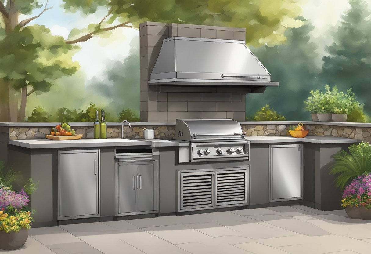 A built-in outdoor kitchen grill sits nestled within a stone countertop, surrounded by sleek stainless steel cabinets and a tiled backsplash. Smoke billows from the grill as it sizzles with the promise of a delicious meal