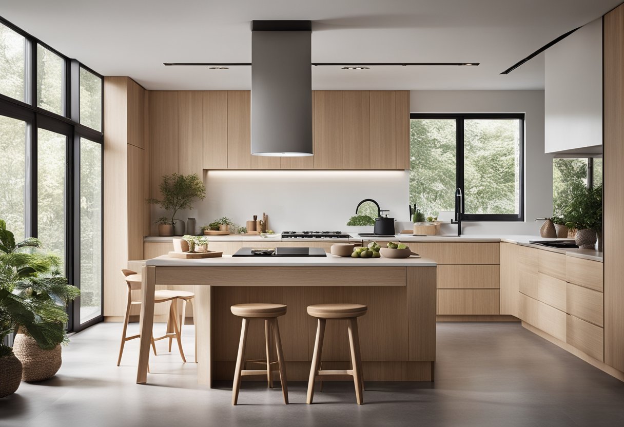 A sleek, minimalist kitchen with clean lines, light wood cabinets, and simple, functional furniture. A large window lets in natural light, and there are touches of Scandinavian decor throughout