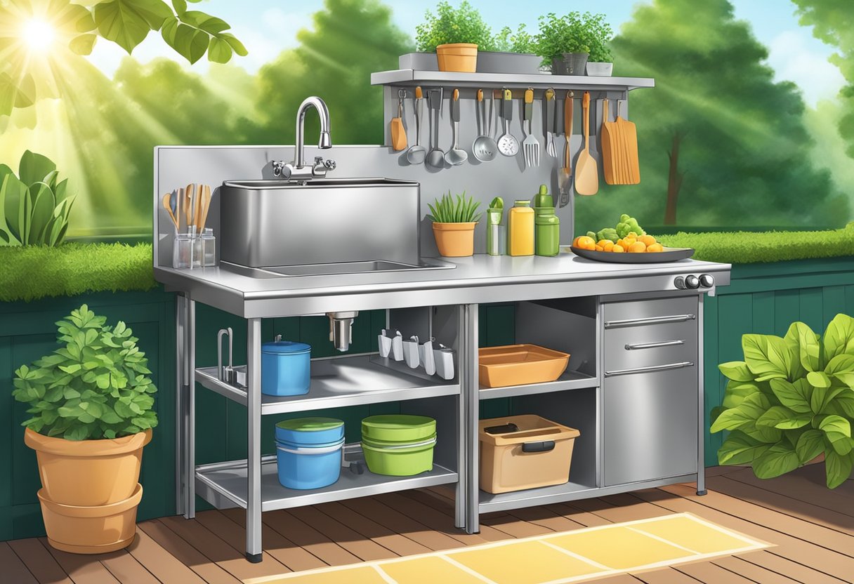 A stainless steel outdoor sink and prep station gleams in the sunlight, surrounded by lush greenery and equipped with all necessary tools and utensils for outdoor cooking and entertaining