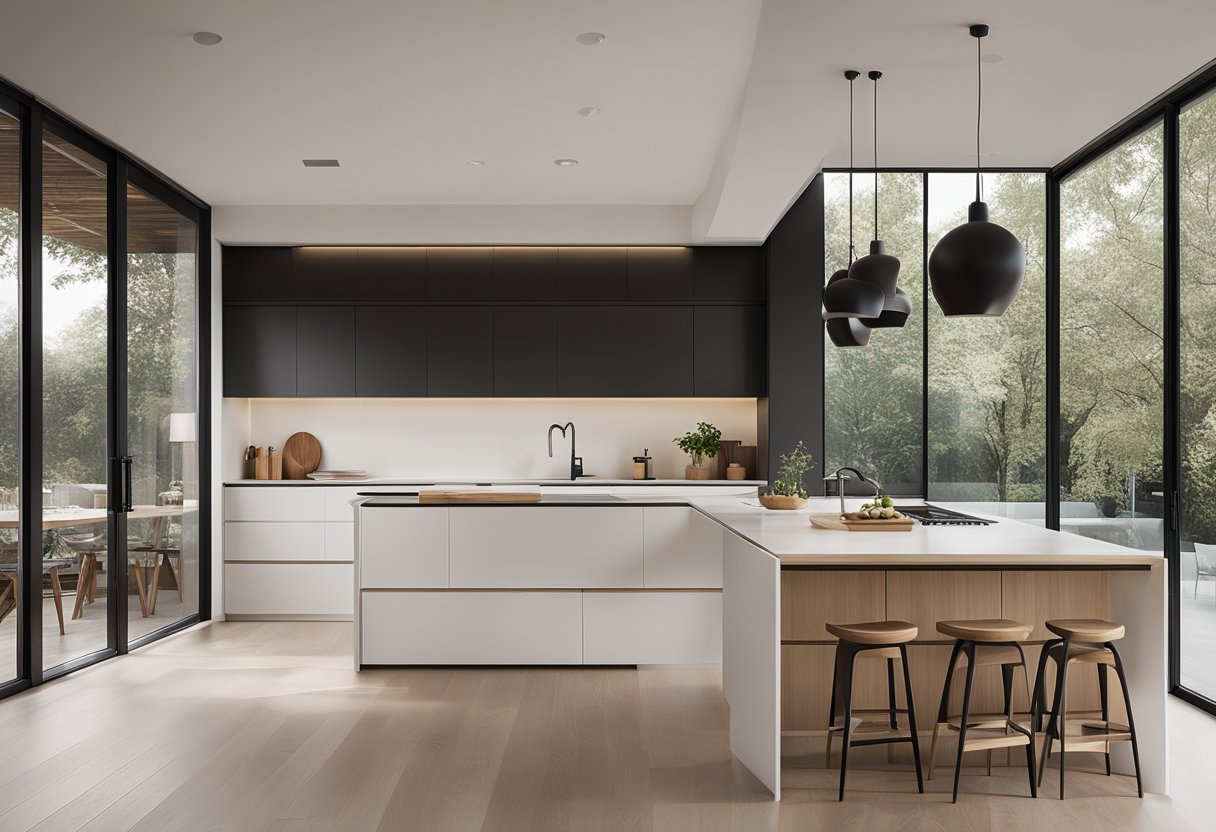 A spacious, minimalist kitchen with clean lines, natural materials, and neutral colors. Large windows bring in natural light, showcasing simple yet functional furniture and sleek appliances