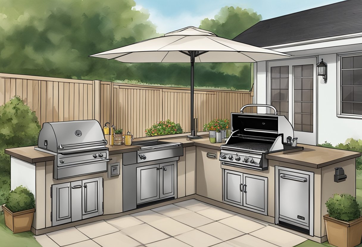 An outdoor kitchen grill sits in a backyard. A built-in model is surrounded by countertops and cabinets, while a portable grill stands on a patio. Both offer pros and cons for durability and use
