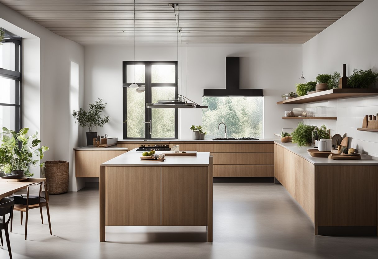 A spacious, minimalist kitchen with clean lines, natural materials, and plenty of natural light. A large central island with sleek, functional appliances and open shelving for displaying simple, elegant dishware
