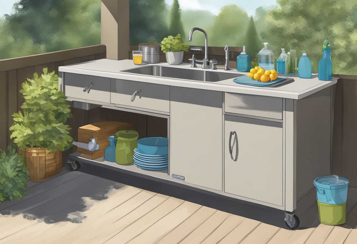 An outdoor sink and prep station with durable materials, ample counter space, and convenient access to water and storage