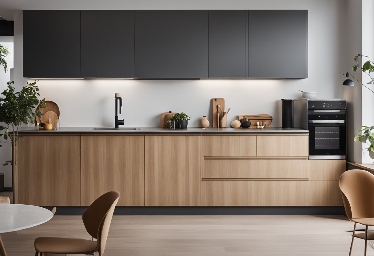 A sleek, minimalist kitchen with clean lines, natural wood accents, and pops of bold color. Functional storage solutions and modern appliances complete the Nordic design aesthetic