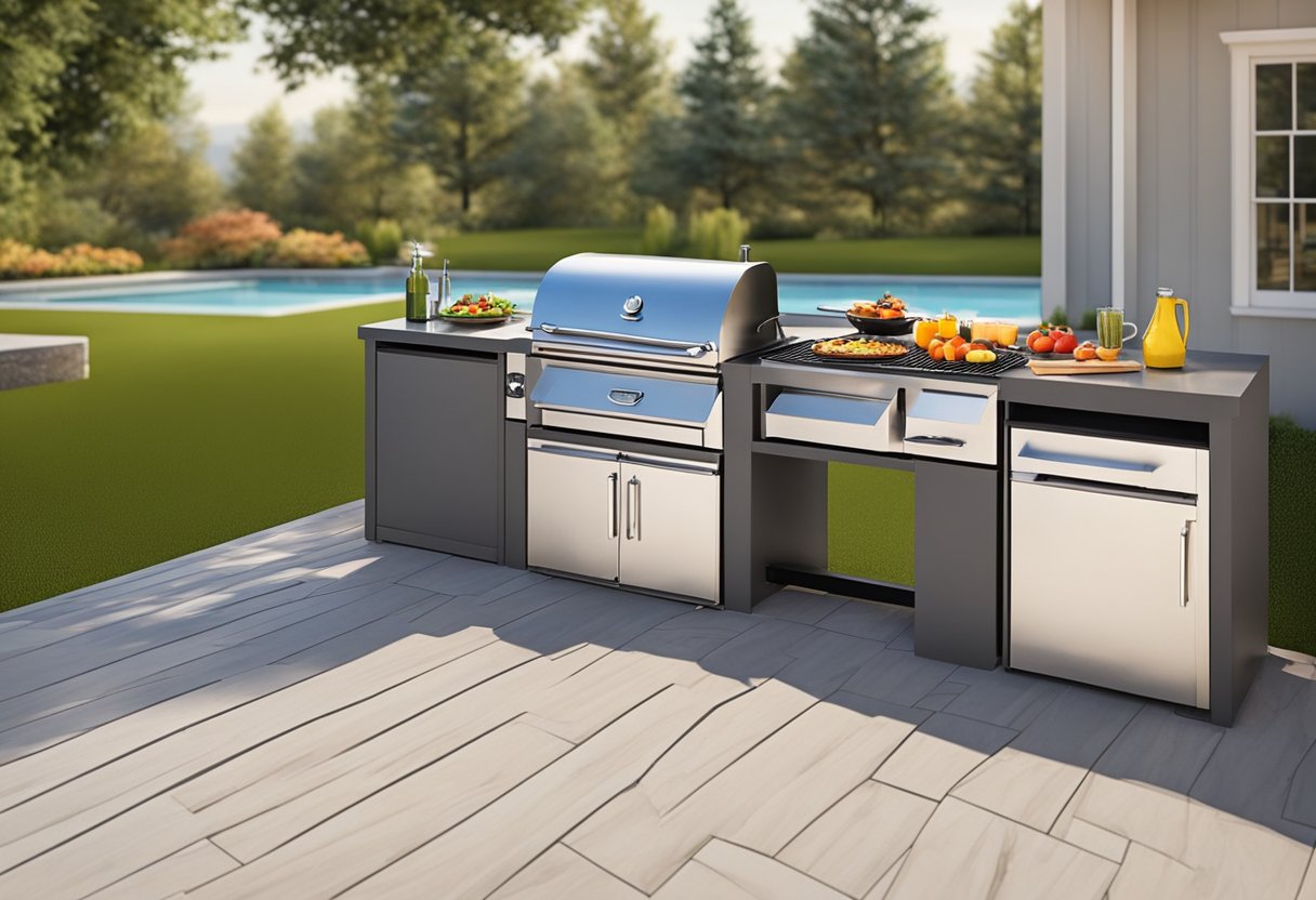 An outdoor kitchen with a built-in grill set against a portable grill. The built-in grill offers convenience and a sleek appearance, while the portable grill provides flexibility and easy relocation