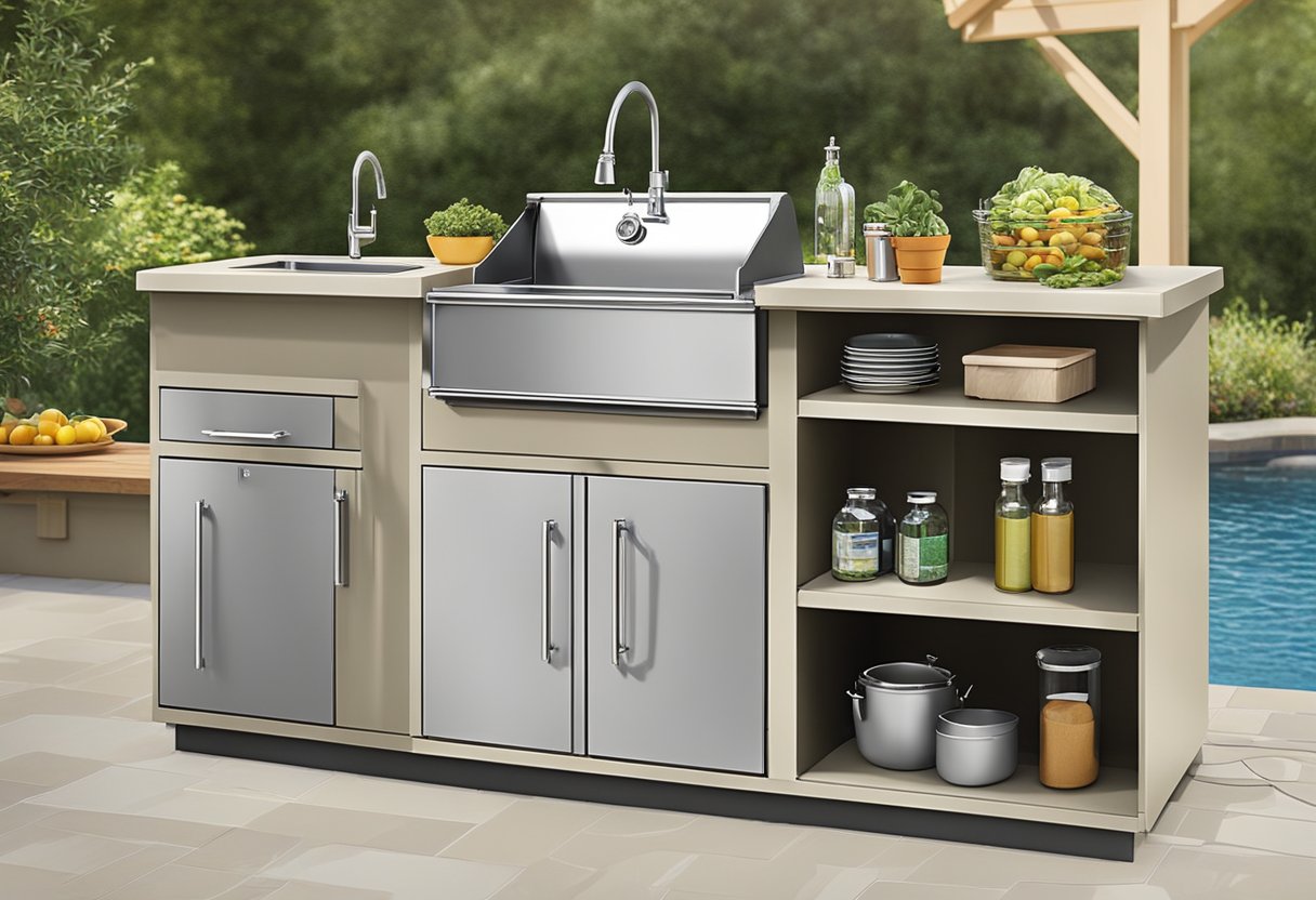 A high-quality outdoor sink and prep station is shown with built-in storage, durable materials, and convenient features for outdoor cooking and entertaining