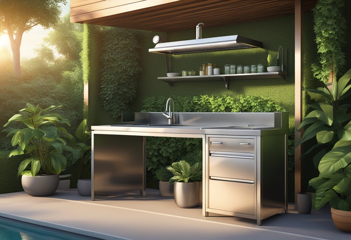 A sleek, stainless steel outdoor sink and prep station sits against a backdrop of lush greenery, with the sun casting a warm glow on its polished surface