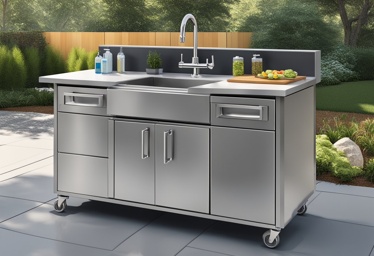 A high-quality outdoor sink and prep station is shown in a clean, well-lit environment, with durable materials and ample space for food preparation and washing