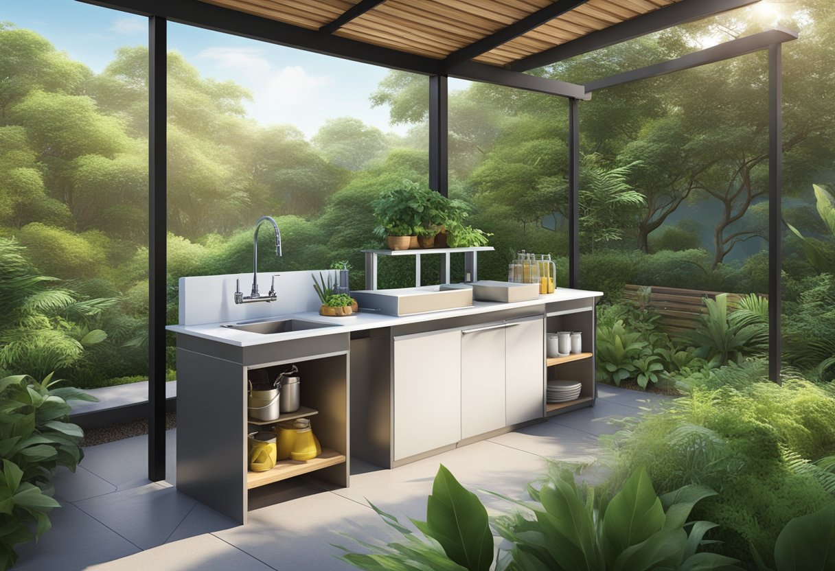 A high-quality outdoor sink and prep station surrounded by lush greenery and natural elements, with clear skies and ample sunlight