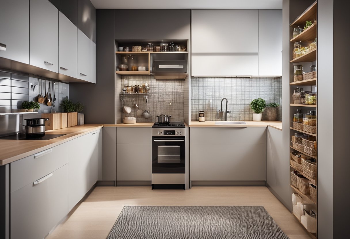 A small kitchen with a compact pantry cupboard, neatly organized with shelves, drawers, and pull-out baskets for efficient storage