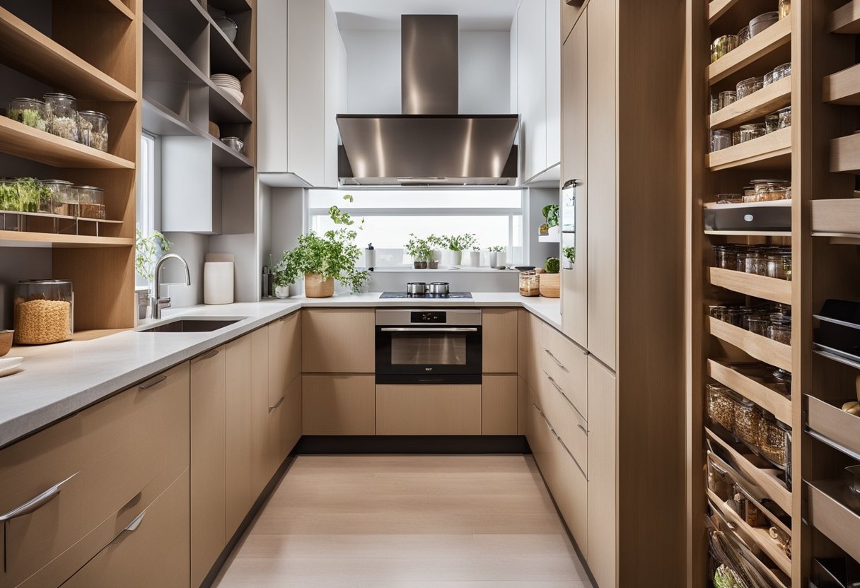 A small kitchen with cleverly designed pantry cupboards maximizing storage space. Shelves, pull-out drawers, and clever organization make the most of the limited space