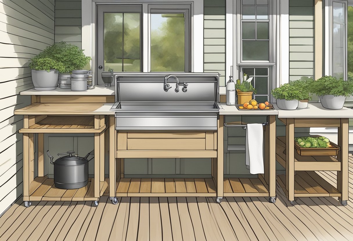 A high-quality outdoor sink and prep station is essential for convenient and efficient outdoor cooking. The scene should include a sturdy, well-designed sink with ample counter space for food preparation