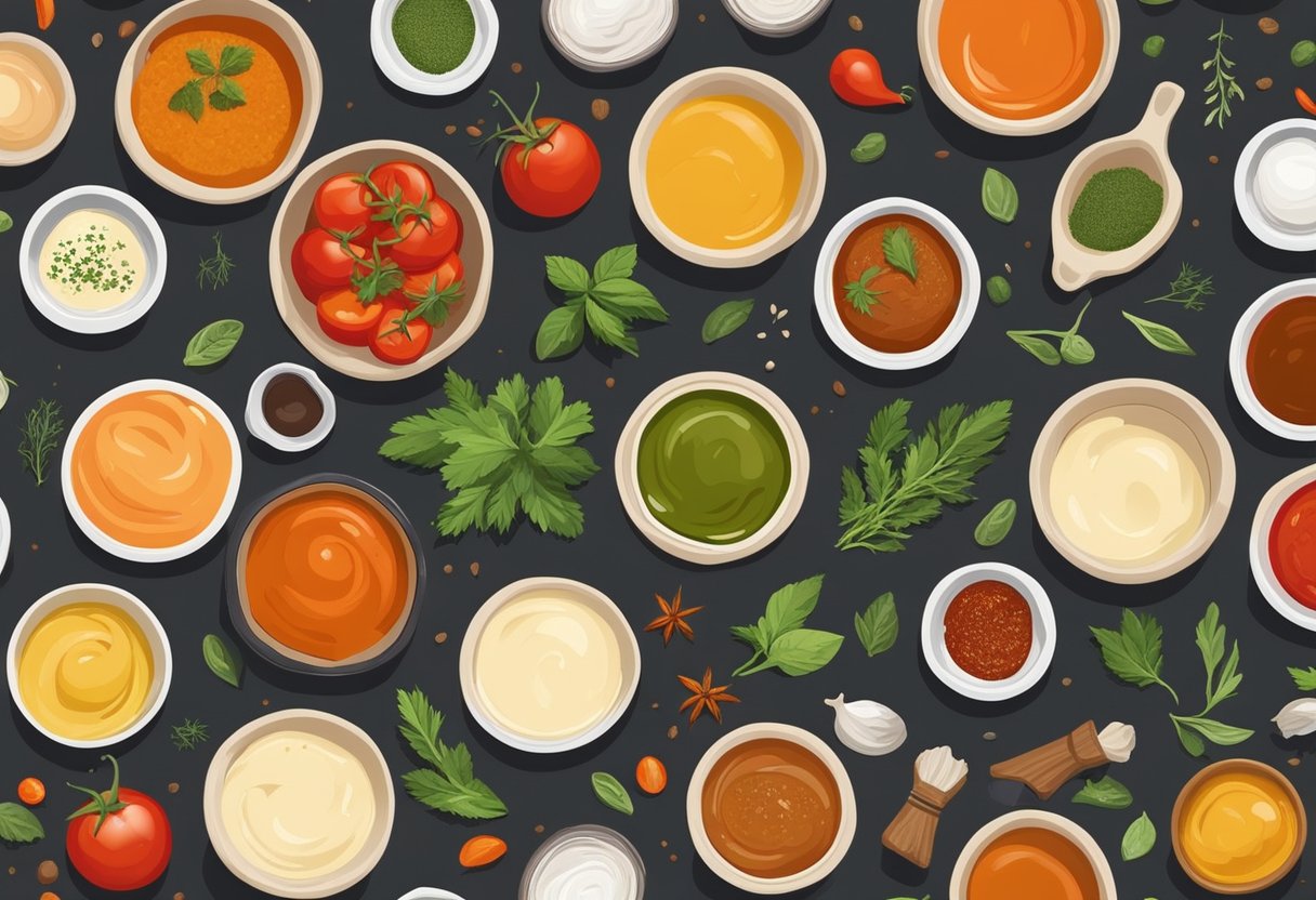 A variety of sauces, from creamy to tangy, arranged in colorful bowls on a rustic wooden table. Ingredients like tomatoes, herbs, and spices are scattered around the bowls