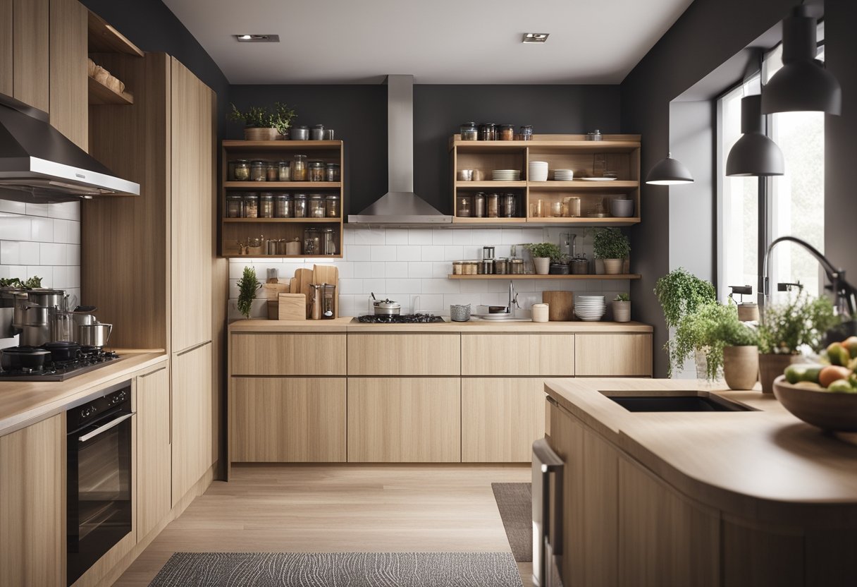 A small kitchen with a compact pantry cupboard, featuring clever storage solutions and space-saving designs