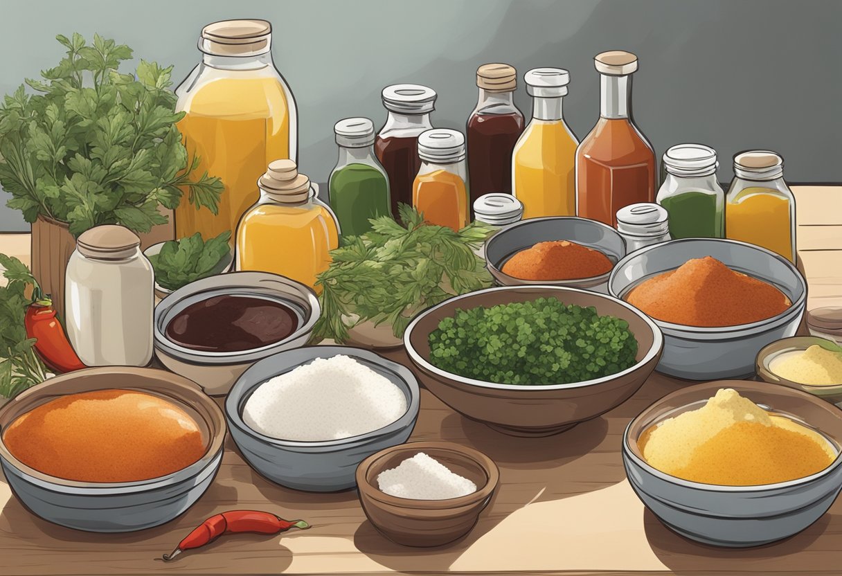 A variety of sauce ingredients arranged on a kitchen counter, including herbs, spices, oils, and vinegars. Recipe cards and mixing bowls are nearby
