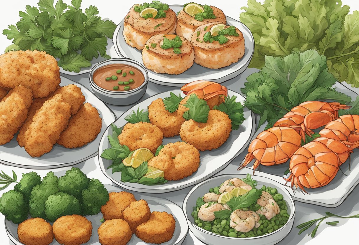 A variety of vegan seafood alternatives, such as plant-based shrimp, fish fillets, and crab cakes, are displayed on a table with fresh vegetables and herbs