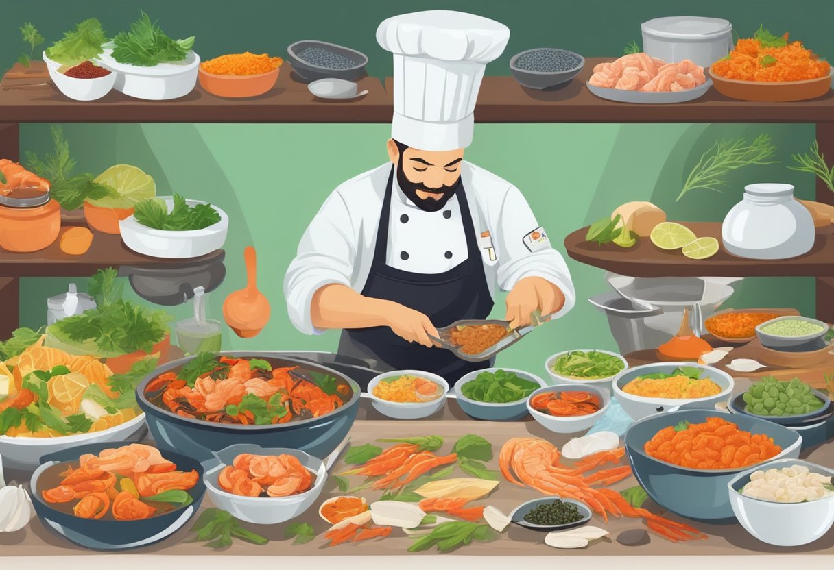 A chef expertly prepares a variety of vegetarian seafood dishes, using fresh ingredients and vibrant spices, creating a colorful and appetizing spread