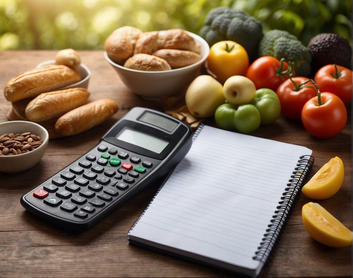 A table with various food items, a calculator, and a notebook with macronutrient calculations for a ketogenic diet