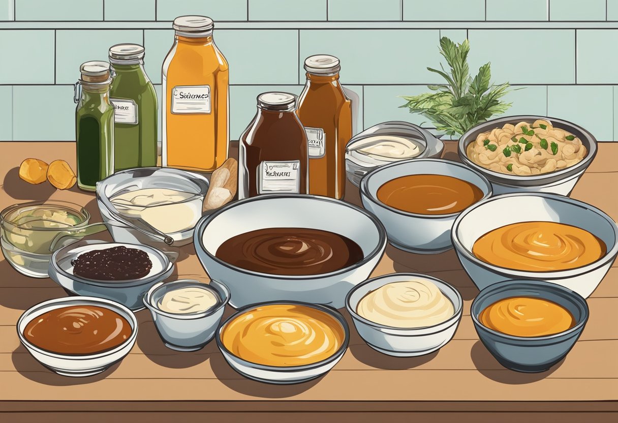 A variety of sauces spread out on a kitchen counter, with ingredients and utensils nearby. Labels and recipe cards are visible