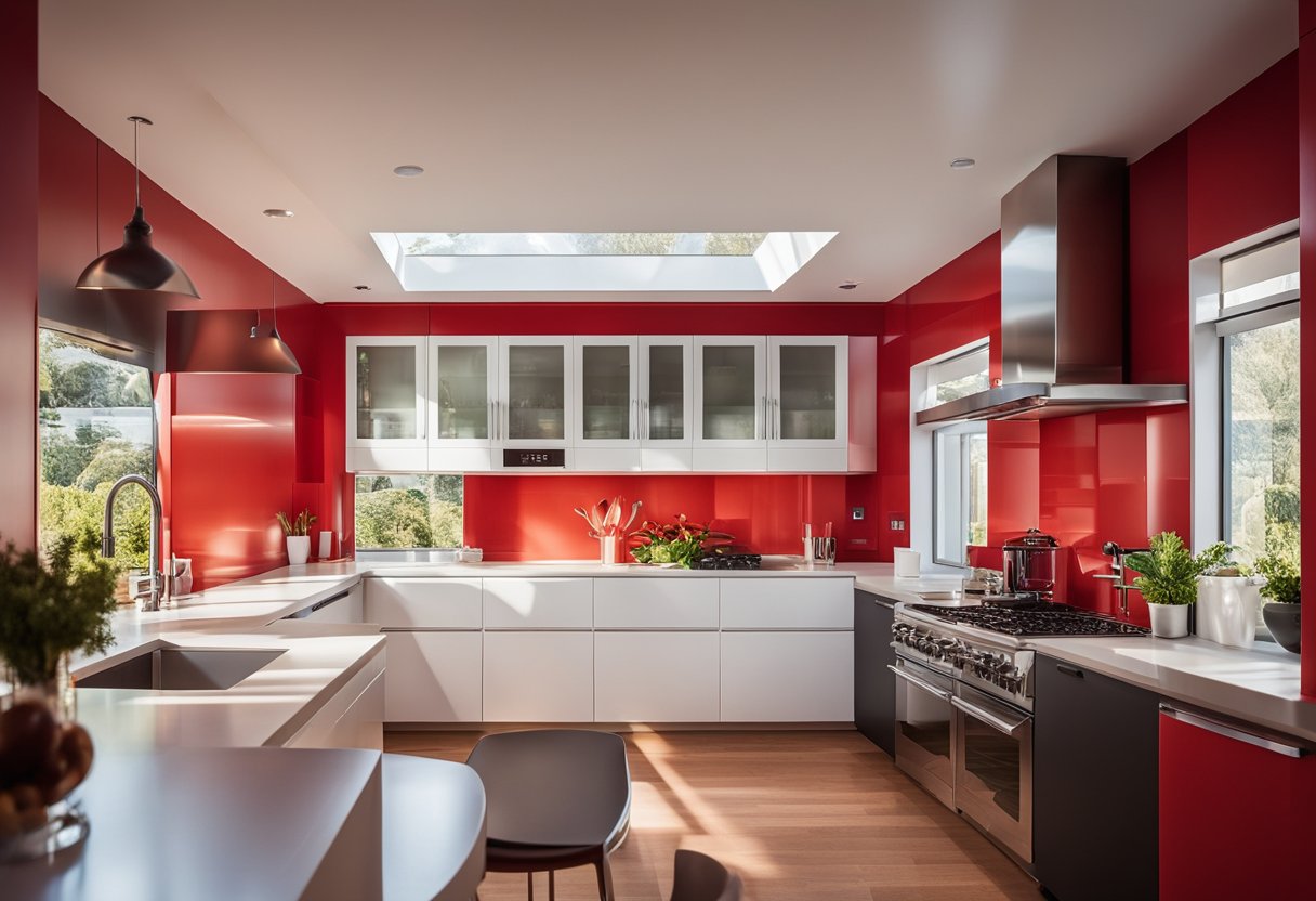 A red kitchen with modern appliances, white countertops, and stainless steel fixtures. Sunlight streams in through the window, casting a warm glow on the bold red walls