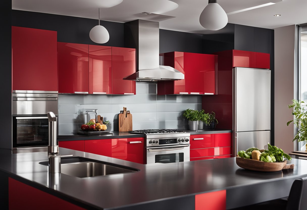 A modern red kitchen with sleek cabinets, stainless steel appliances, and a bold red backsplash. The room is flooded with natural light, creating a warm and inviting atmosphere