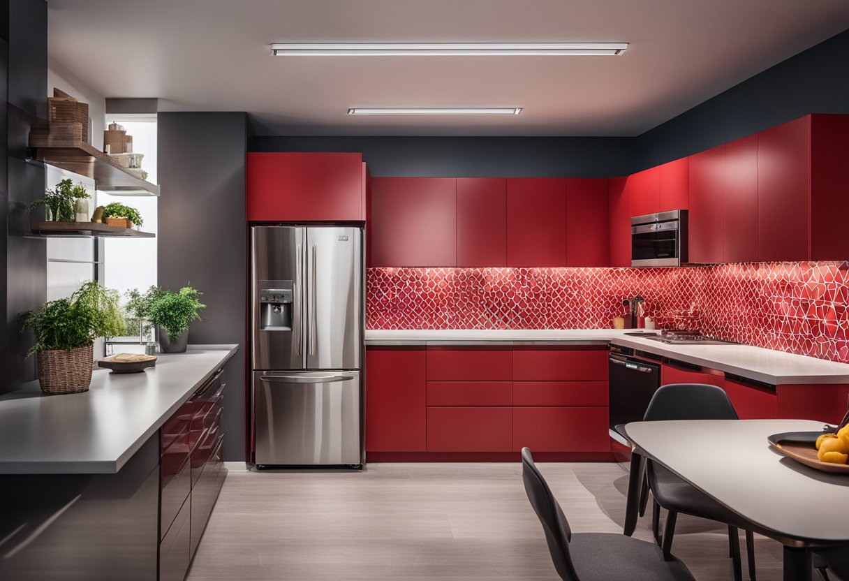 A modern red kitchen with sleek countertops and stainless steel appliances. A pop of color with red cabinets and a bold, geometric backsplash